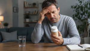 Man looking worried while holding a supplement bottle, showing the hidden dangers of phenibut use