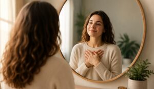 Woman practicing unconditional self-worth during addiction recovery